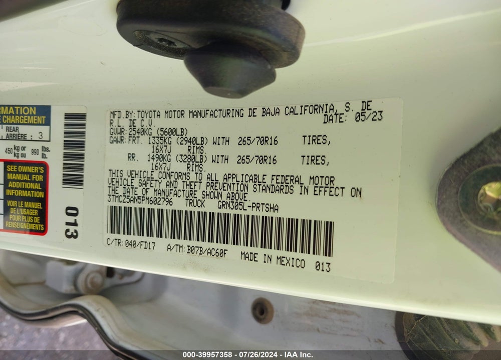 2023 TOYOTA TACOMA TRD OFF ROAD VIN: 3TMCZ5AN5PM602796
