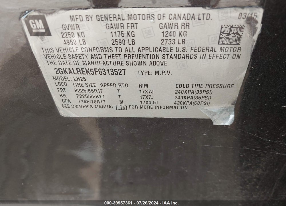 2015 GMC TERRAIN SLE-2 VIN: 2GKALREK5F6313527