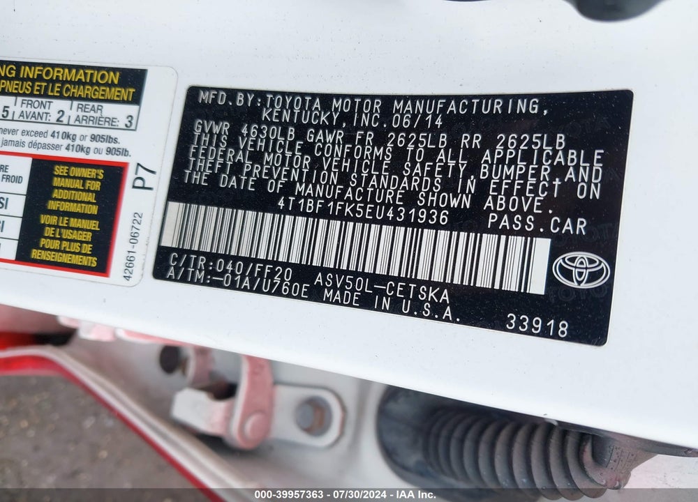 2014 TOYOTA CAMRY L/LE/SE/SE SPORT/XLE VIN: 4T1BF1FK5EU431936