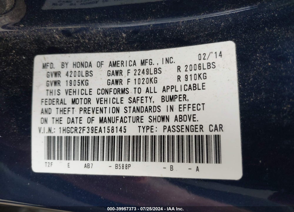 2014 HONDA ACCORD LX VIN: 1HGCR2F39EA158145