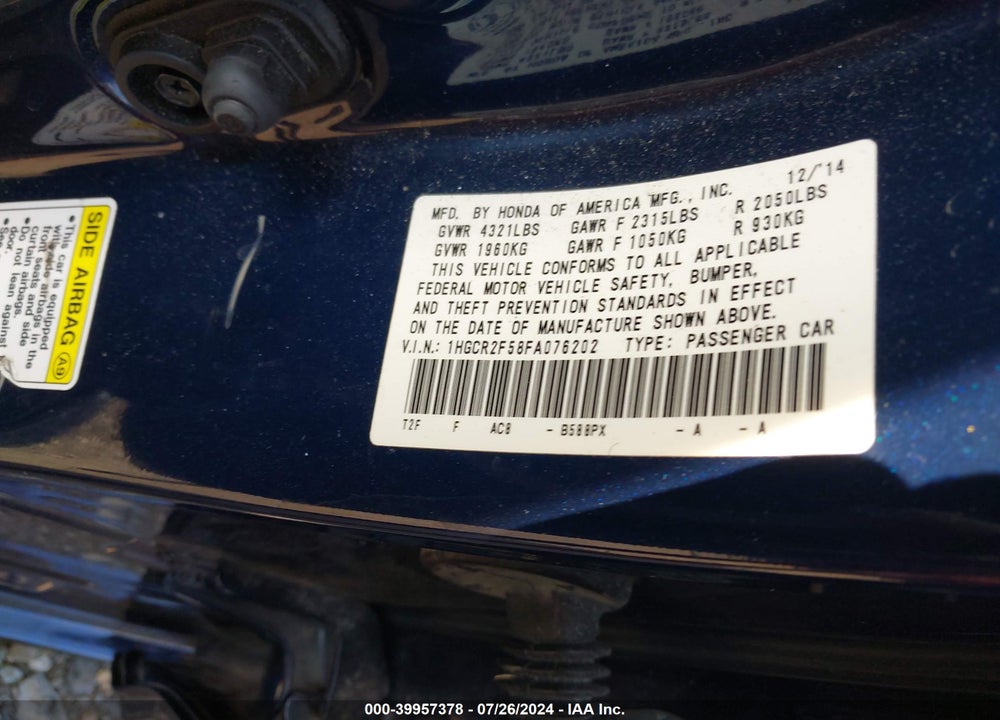 2015 HONDA ACCORD SPORT VIN: 1HGCR2F58FA076202
