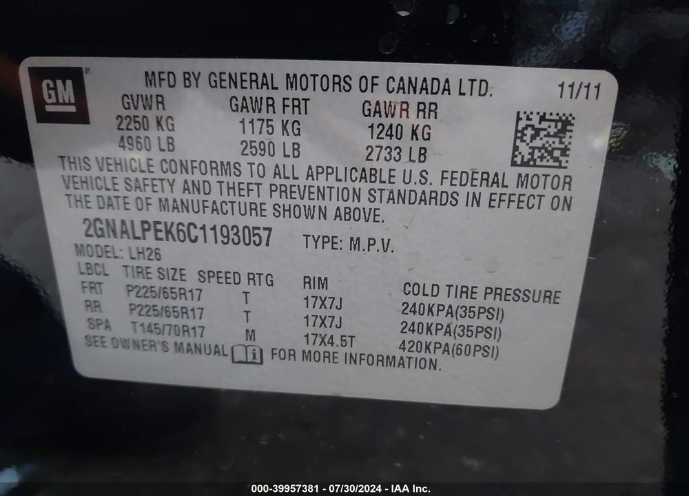 2012 CHEVROLET EQUINOX 2LT VIN: 2GNALPEK6C1193057