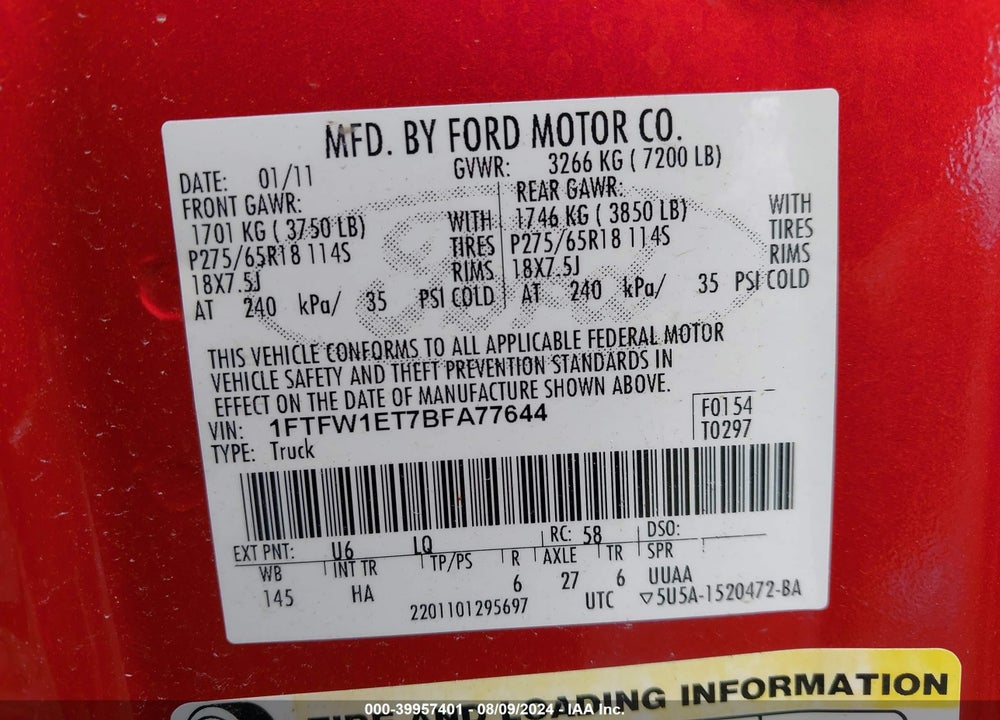 2011 FORD F-150 LARIAT VIN: 1FTFW1ET7BFA77644
