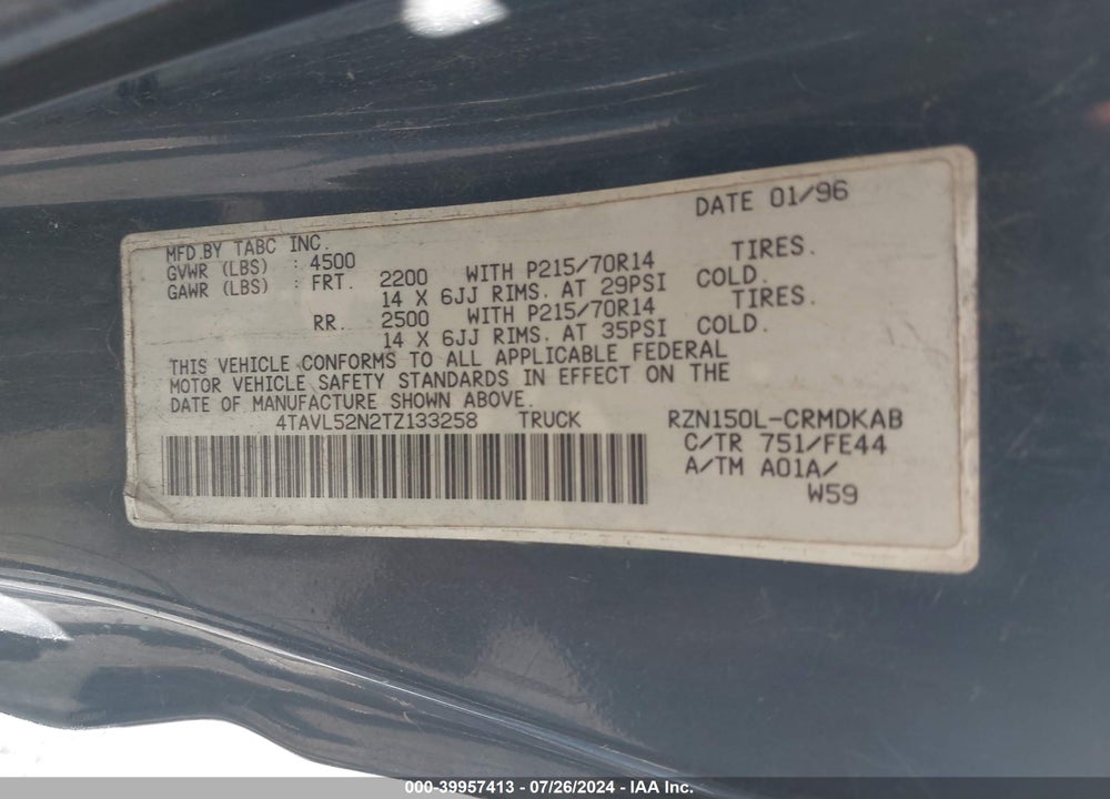 1996 TOYOTA TACOMA XTRACAB VIN: 4TAVL52N2TZ133258
