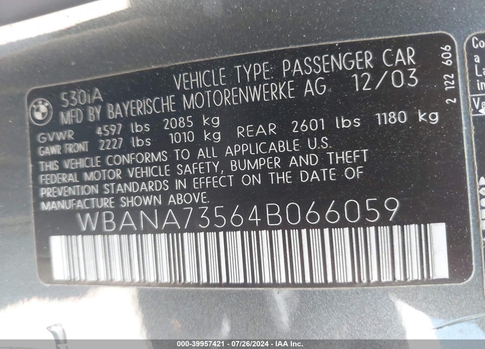 2004 BMW 530I VIN: WBANA73564B066059