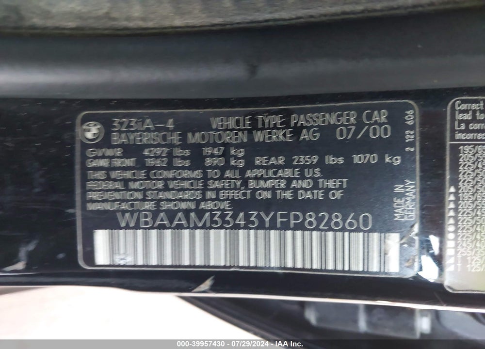 2000 BMW 323I VIN: WBAAM3343YFP82860