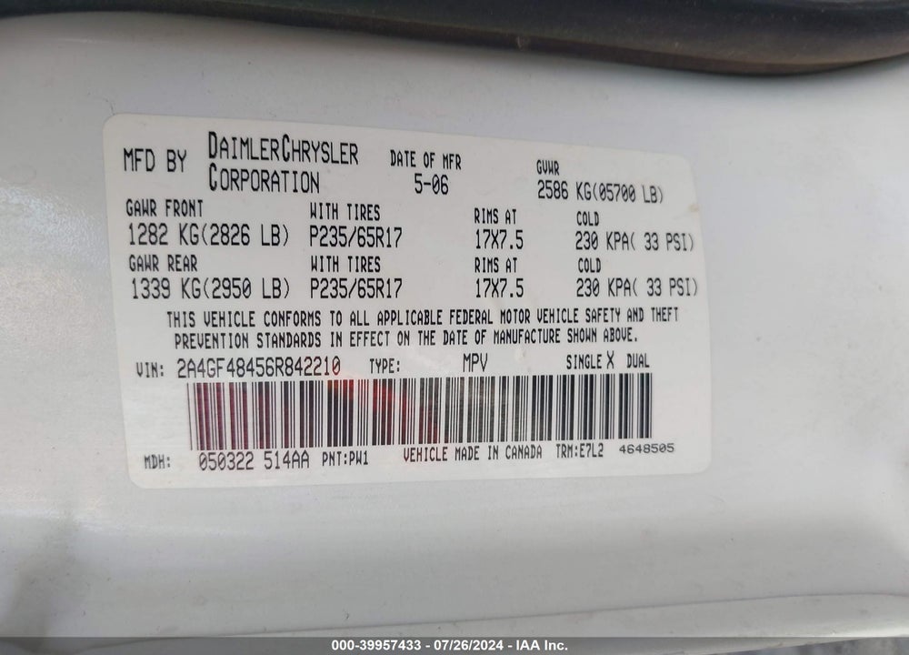 2006 CHRYSLER PACIFICA VIN: 2A4GF48456R842210
