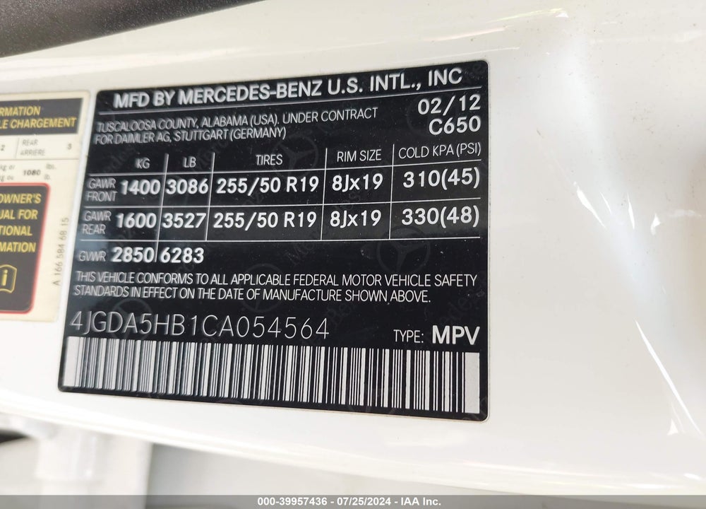 2012 MERCEDES-BENZ ML 350 4MATIC VIN: 4JGDA5HB1CA054564