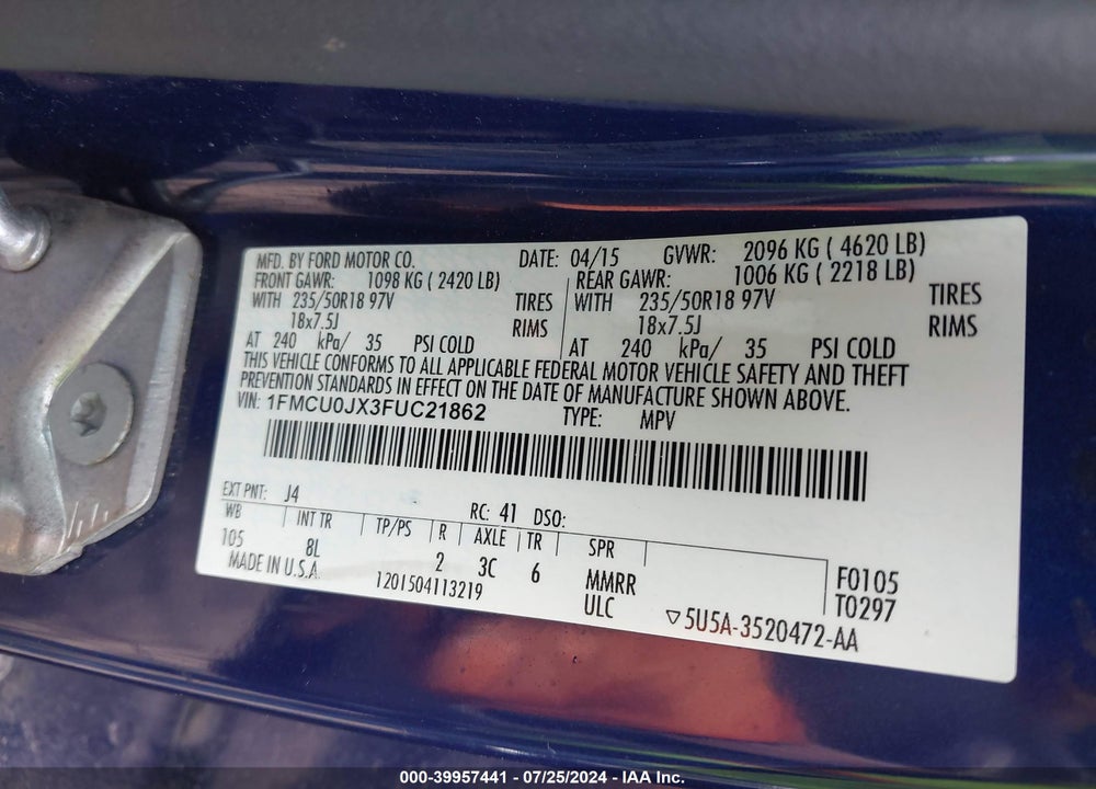 2015 FORD ESCAPE TITANIUM VIN: 1FMCU0JX3FUC21862