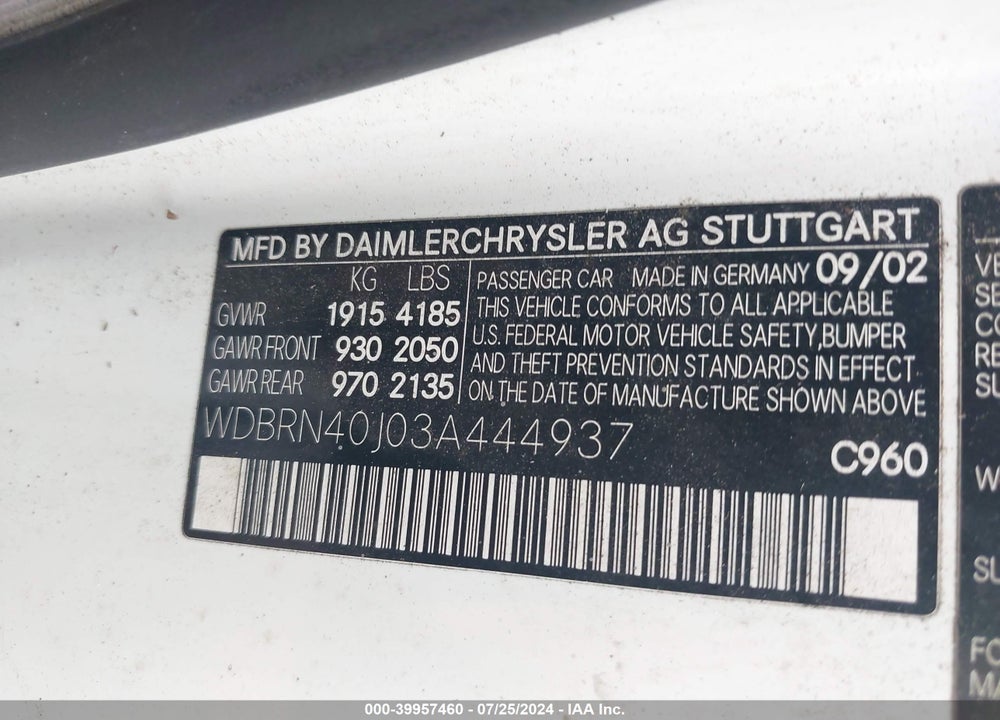 2003 MERCEDES-BENZ C 230 KOMPRESSOR SPORT VIN: WDBRN40J03A444937