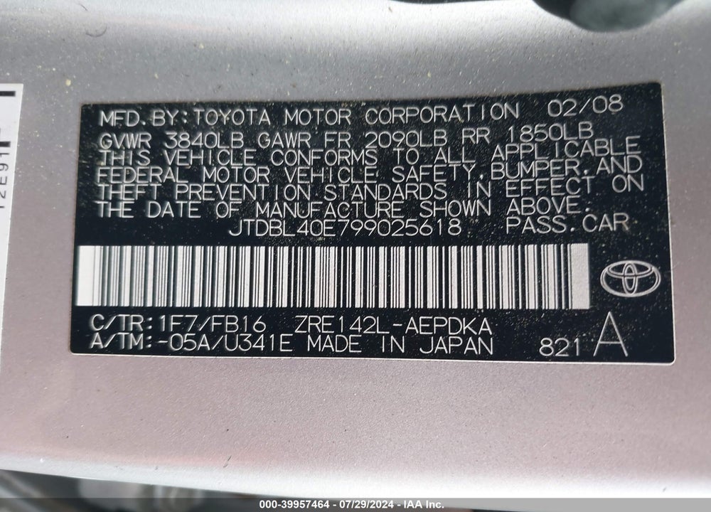 2009 TOYOTA COROLLA LE/S/XLE VIN: JTDBL40E799025618
