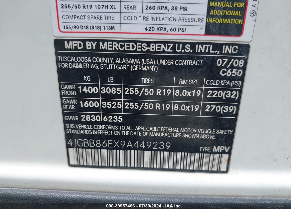 2009 MERCEDES-BENZ ML 350 4MATIC VIN: 4JGBB86EX9A449239