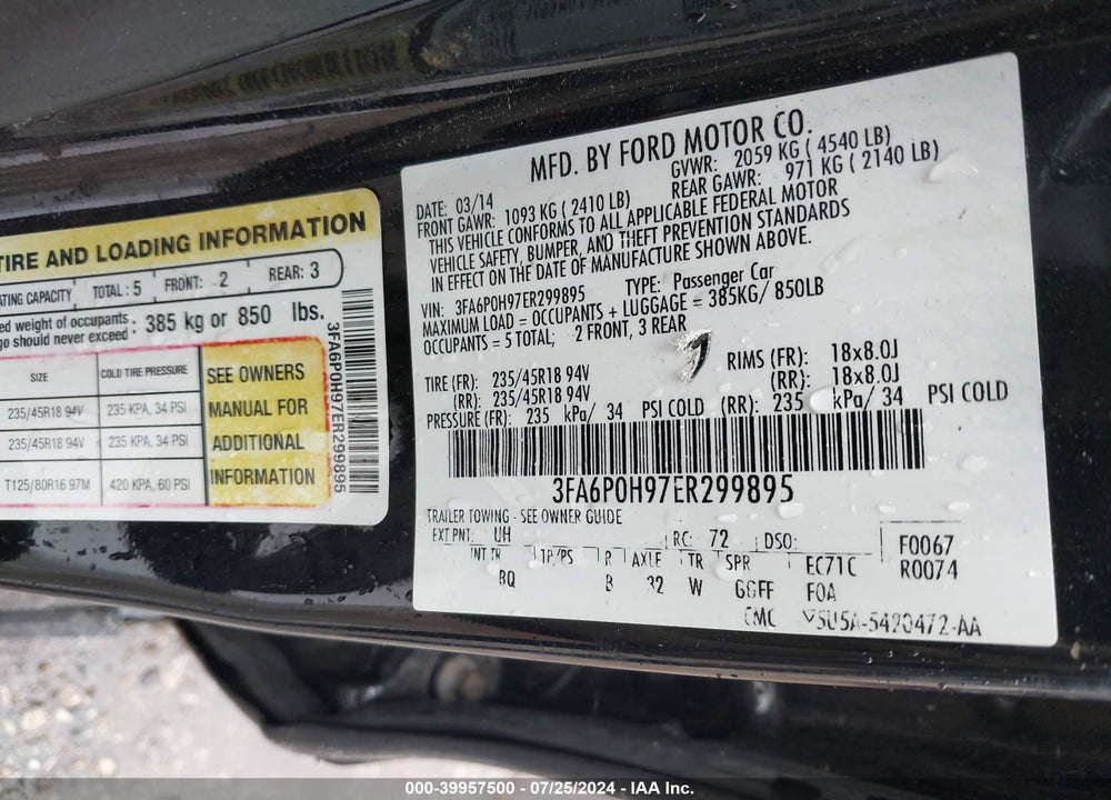 2014 FORD FUSION SE VIN: 3FA6P0H97ER299895