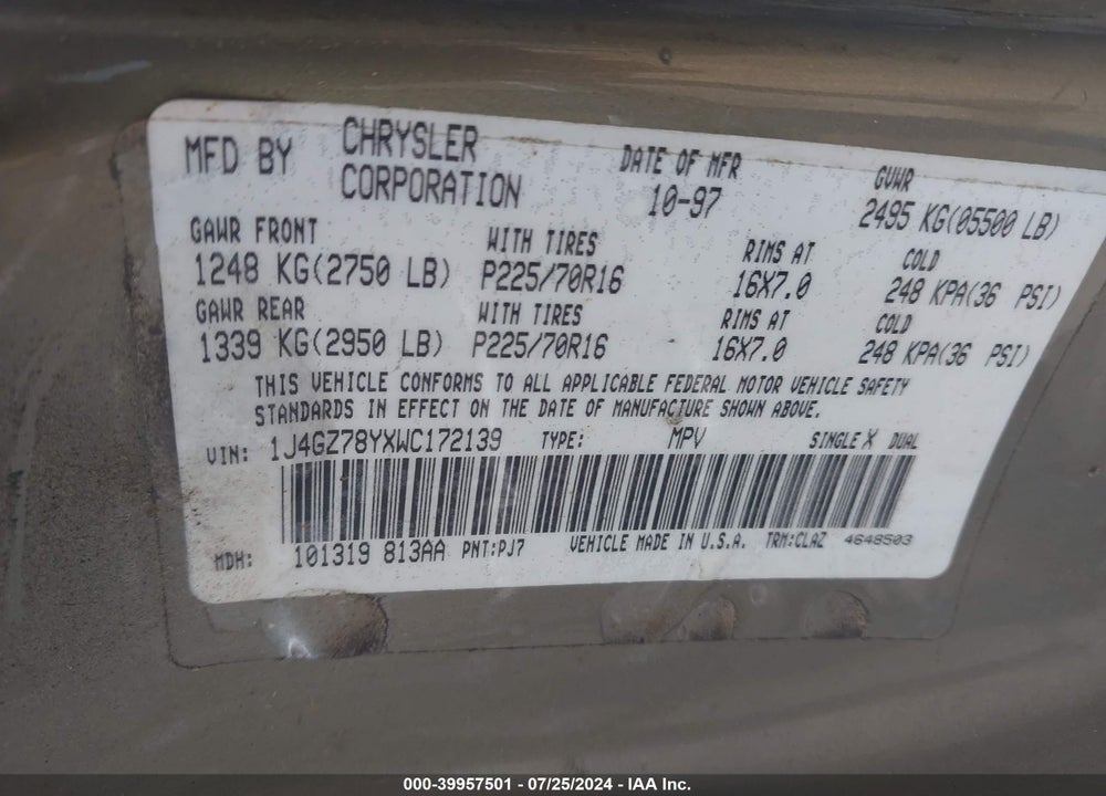 1998 JEEP GRAND CHEROKEE LIMITED VIN: 1J4GZ78YXWC172139