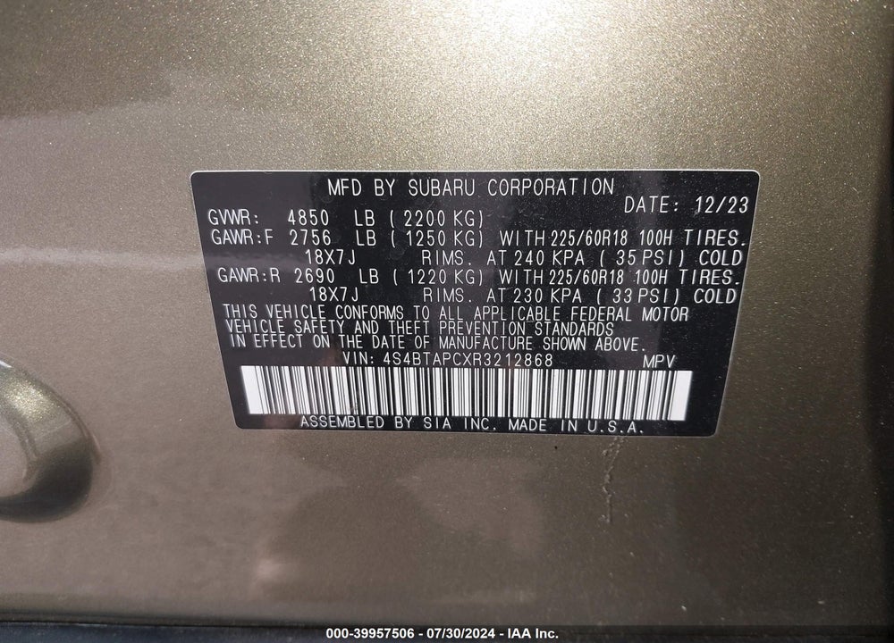 2024 SUBARU OUTBACK TOURING VIN: 4S4BTAPCXR3212868