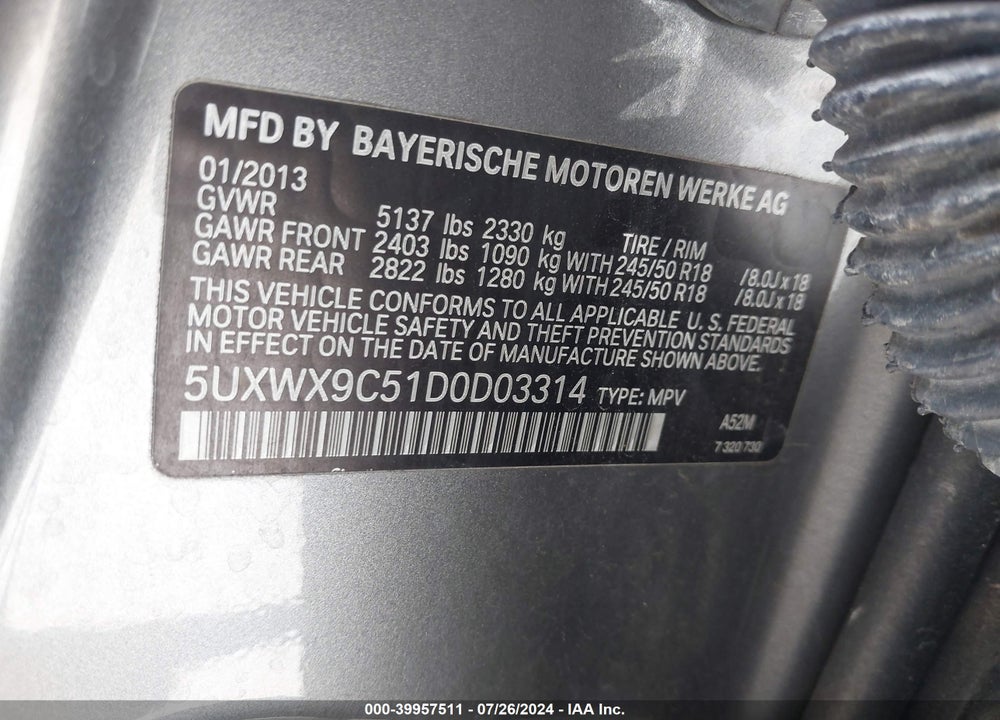 2013 BMW X3 XDRIVE28I VIN: 5UXWX9C51D0D03314
