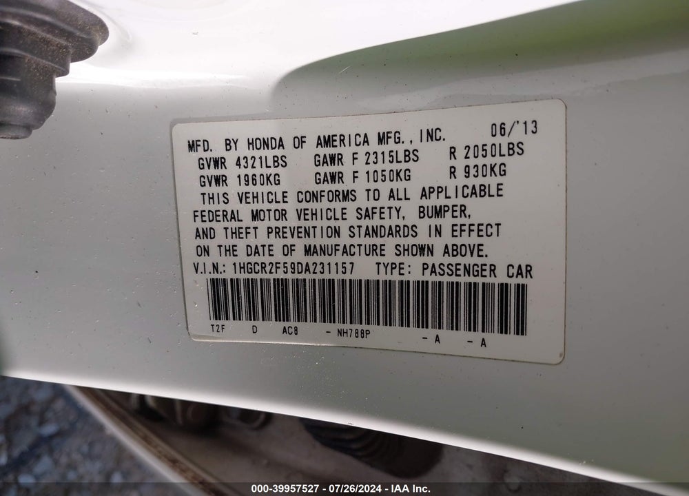 2013 HONDA ACCORD VIN: 1HGCR2F59DA231157