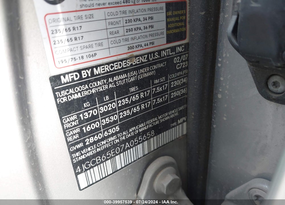 2007 MERCEDES-BENZ R 350 4MATIC VIN: 4JGCB65E07A055658