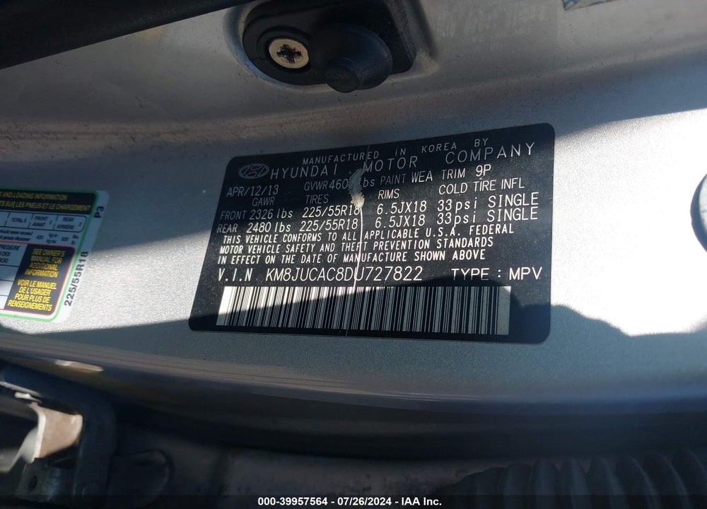2013 HYUNDAI TUCSON LIMITED VIN: KM8JUCAC8DU727822