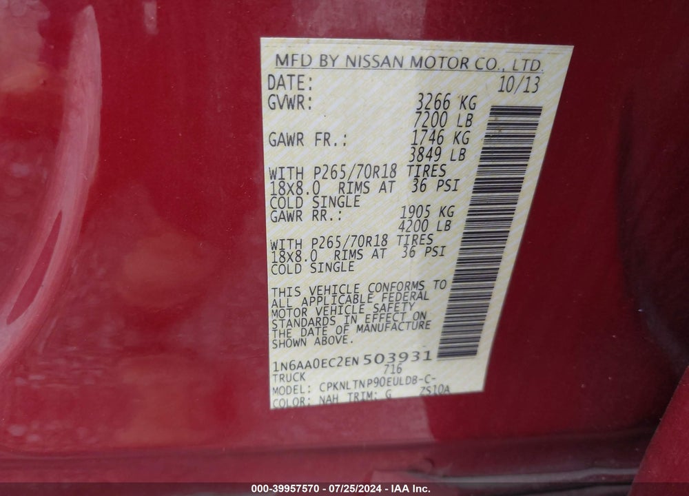 2014 NISSAN TITAN SV VIN: 1N6AA0EC2EN503931