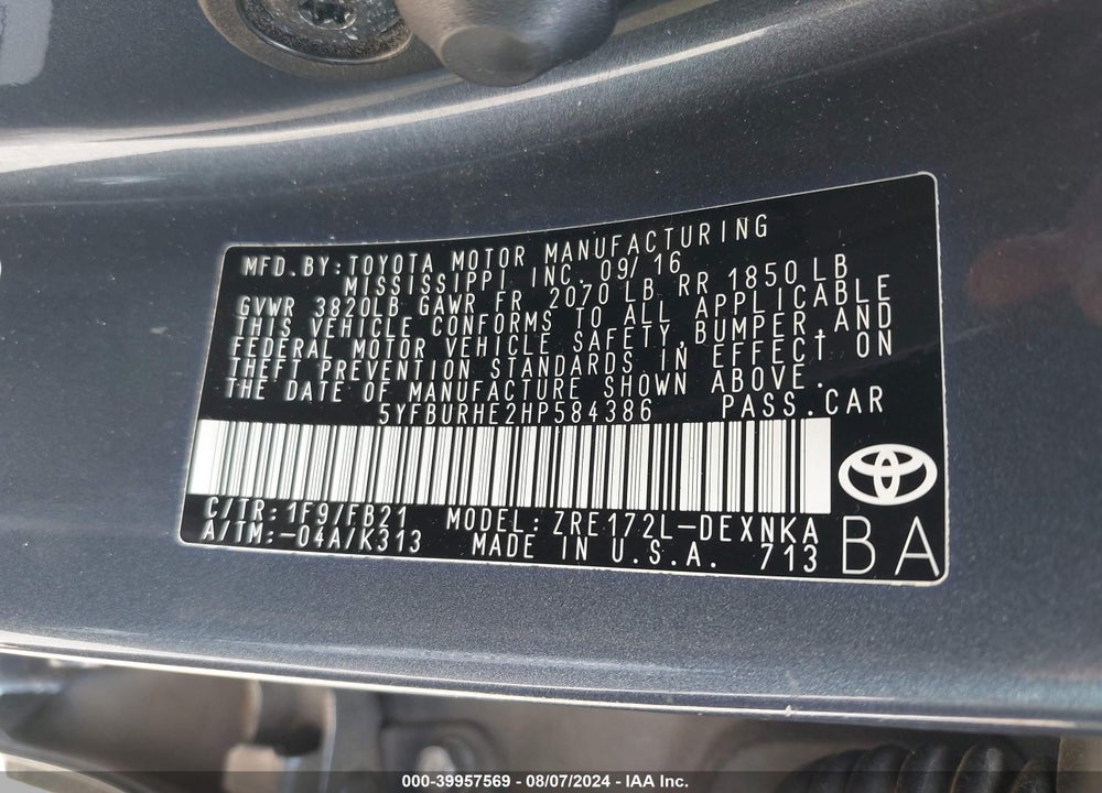 2017 TOYOTA COROLLA L/LE/SE/SE SPECIAL EDITION/XLE/XSE VIN: 5YFBURHE2HP584386