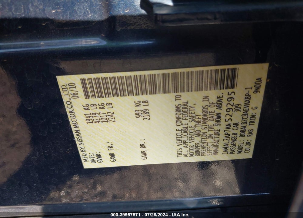 2010 NISSAN ALTIMA 2.5 S VIN: 1N4AL2AP7AN529295