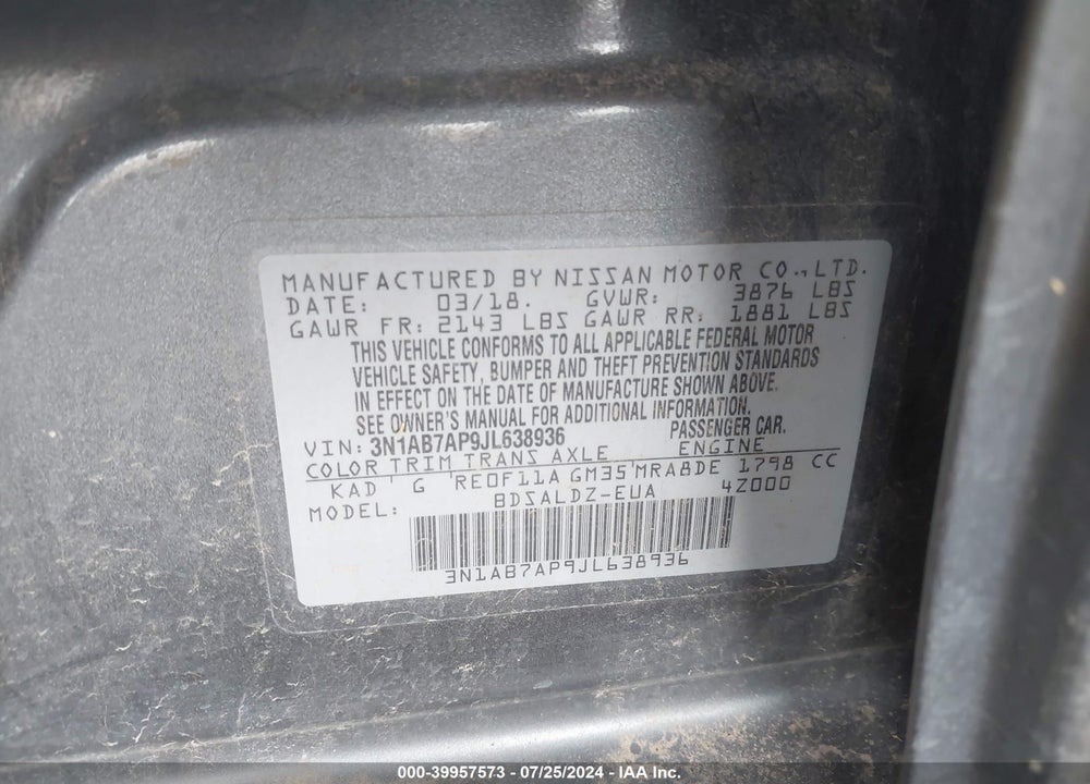 2018 NISSAN SENTRA SV VIN: 3N1AB7AP9JL638936