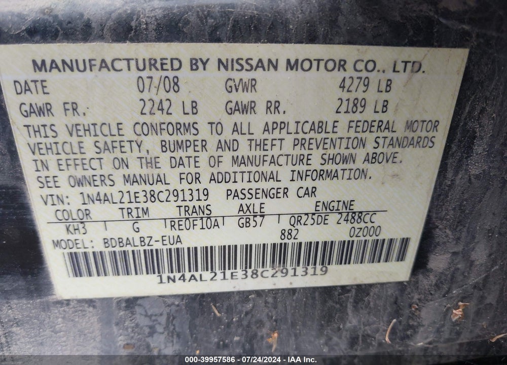 2008 NISSAN ALTIMA 2.5 S VIN: 1N4AL21E38C291319