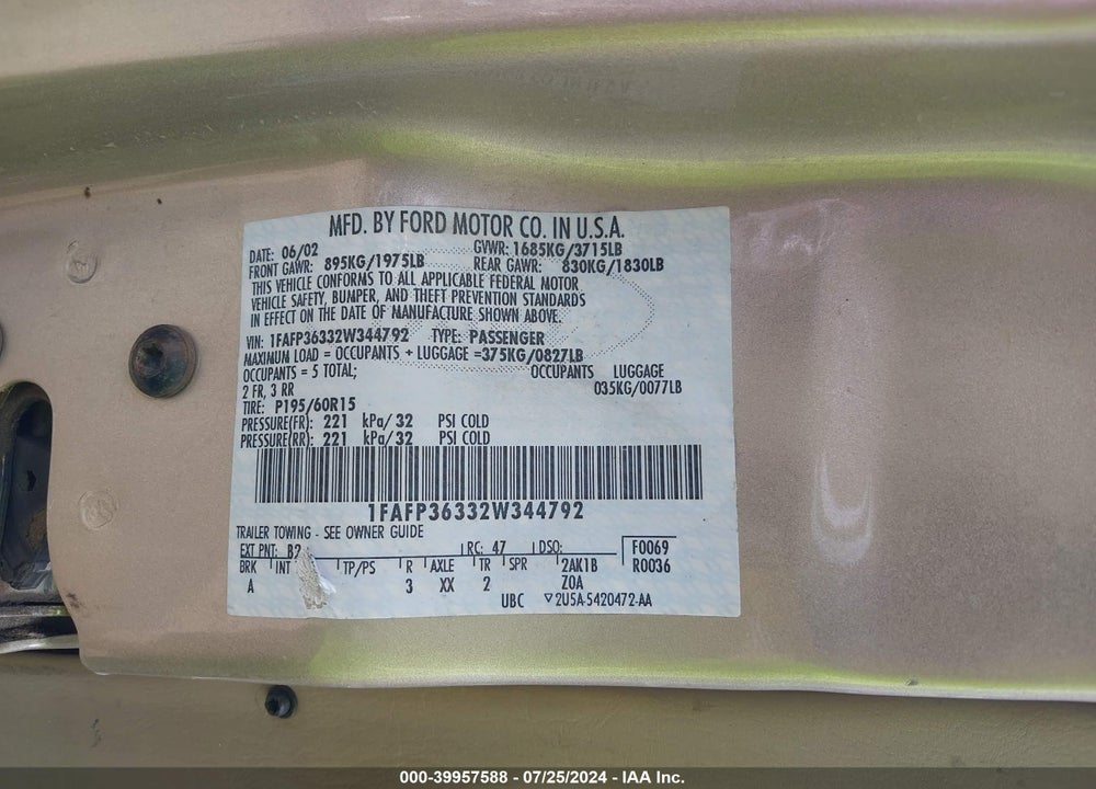 2002 FORD FOCUS SE/ZTW VIN: 1FAFP36332W344792