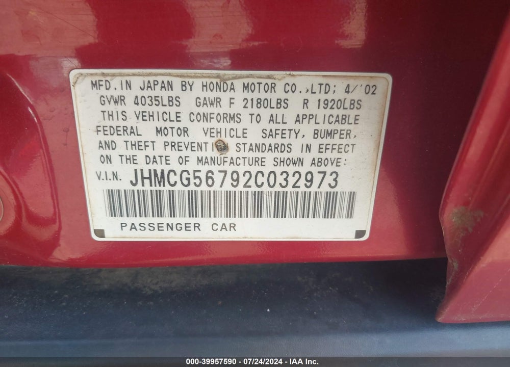 2002 HONDA ACCORD 2.3 SE VIN: JHMCG56792C032973