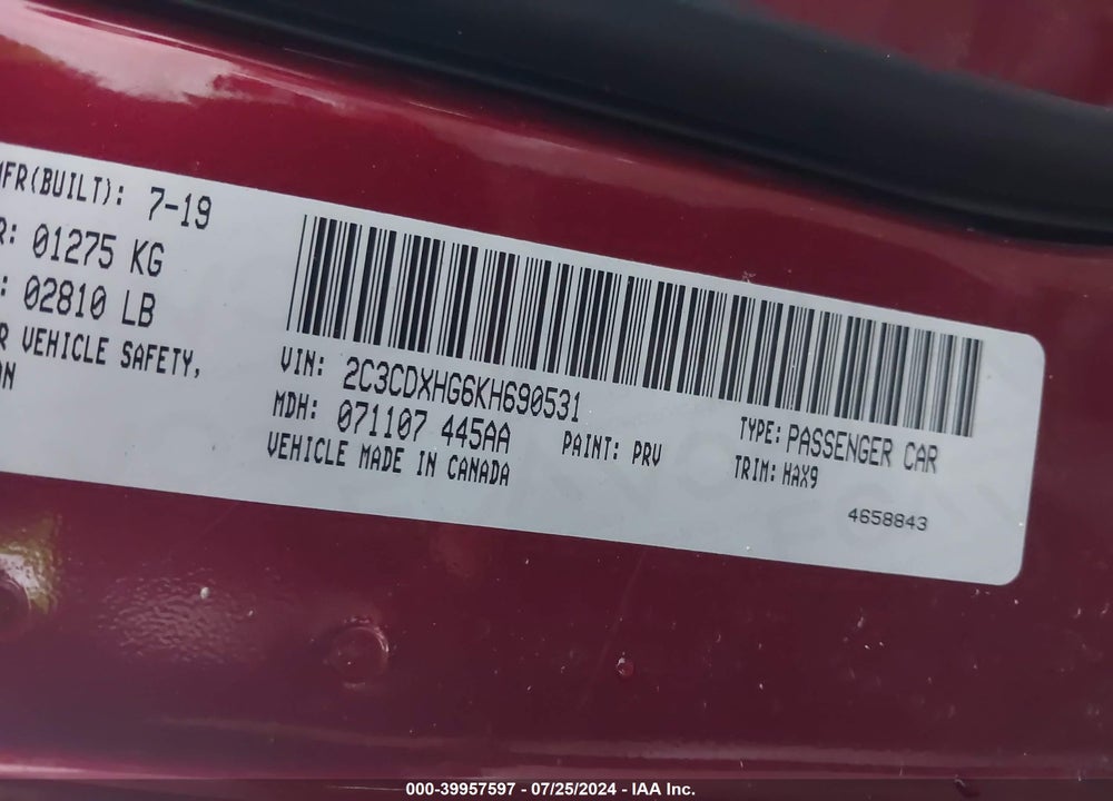 2019 DODGE CHARGER GT RWD VIN: 2C3CDXHG6KH690531