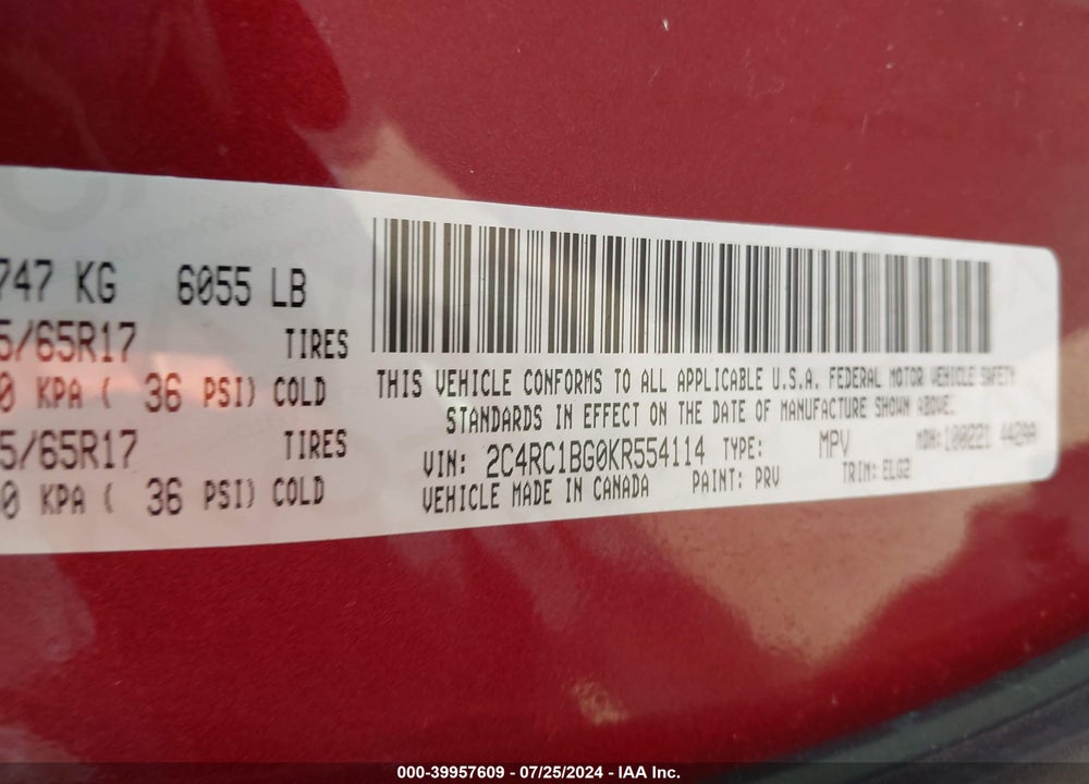 2019 CHRYSLER PACIFICA TOURING L VIN: 2C4RC1BG0KR554114