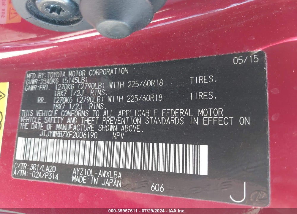 2015 LEXUS NX 300H VIN: JTJYWRBZXF2006190