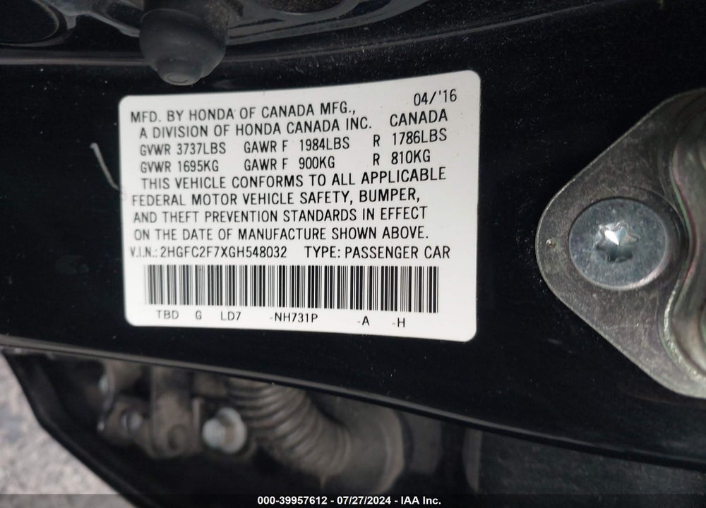 2016 HONDA CIVIC EX VIN: 2HGFC2F7XGH548032