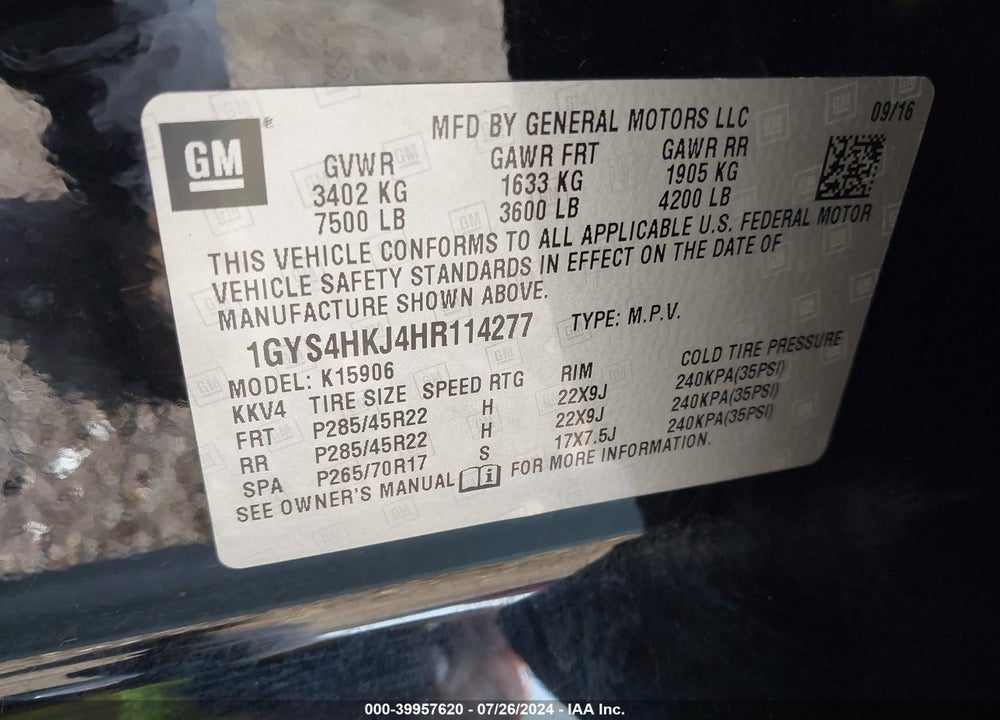 2017 CADILLAC ESCALADE ESV LUXURY VIN: 1GYS4HKJ4HR114277