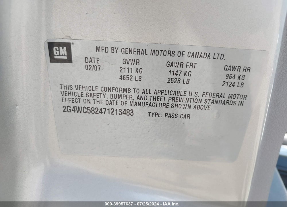 2007 BUICK LACROSSE CX VIN: 2G4WC582471213483