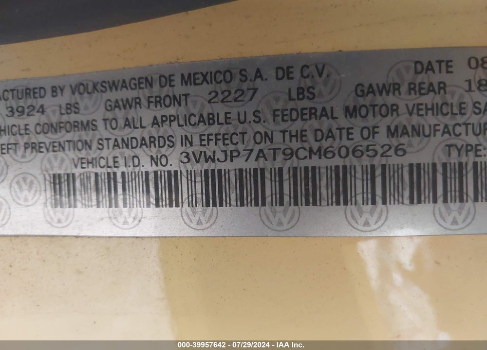 2012 VOLKSWAGEN BEETLE 2.5L VIN: 3VWJP7AT9CM606526