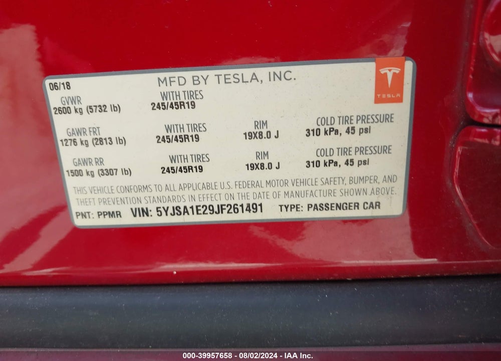 2018 TESLA MODEL S 100D/75D/P100D VIN: 5YJSA1E29JF261491