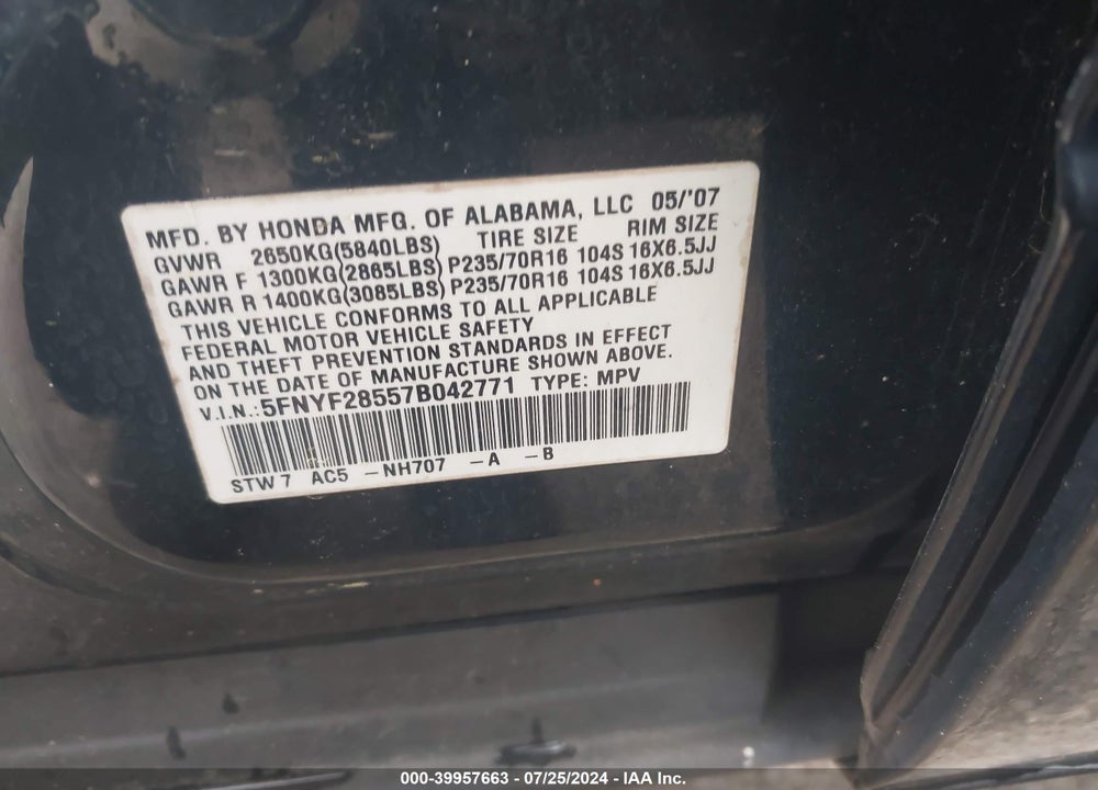 2007 HONDA PILOT EX-L VIN: 5FNYF28557B042771