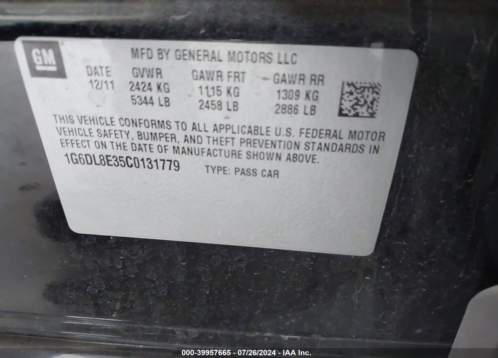 2012 CADILLAC CTS VIN: 1G6DL8E35C0131779