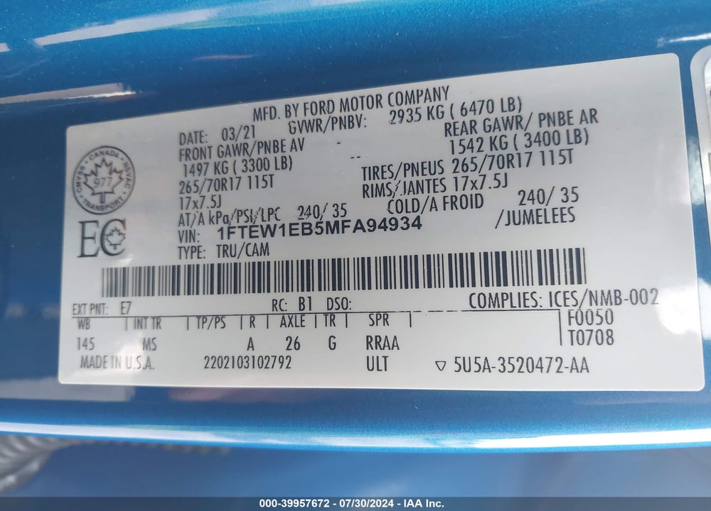 2021 FORD F-150 XLT VIN: 1FTEW1EB5MFA94934