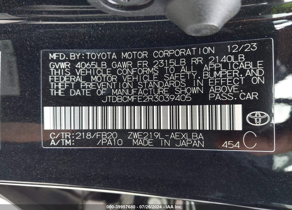 2024 TOYOTA COROLLA HYBRID LE VIN: JTDBCMFE2R3039405