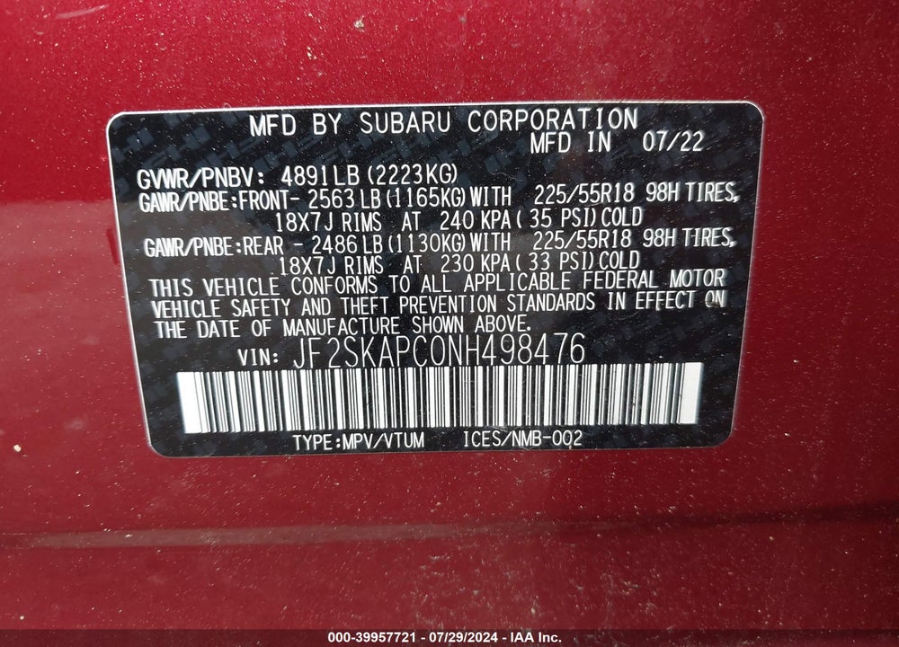 2022 SUBARU FORESTER LIMITED VIN: JF2SKAPC0NH498476