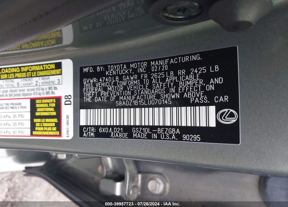 2020 LEXUS ES 350 VIN: 58ADZ1B15LU070145