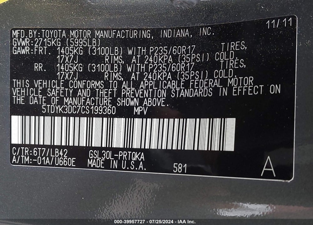 2012 TOYOTA SIENNA XLE V6 8 PASSENGER VIN: 5TDYK3DC7CS199360