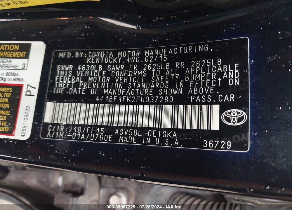 2015 TOYOTA CAMRY SE VIN: 4T1BF1FK2FU037280
