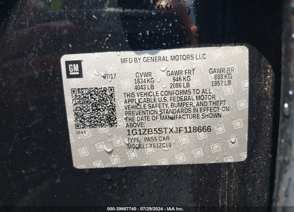 2018 CHEVROLET MALIBU 1LS VIN: 1G1ZB5STXJF118666