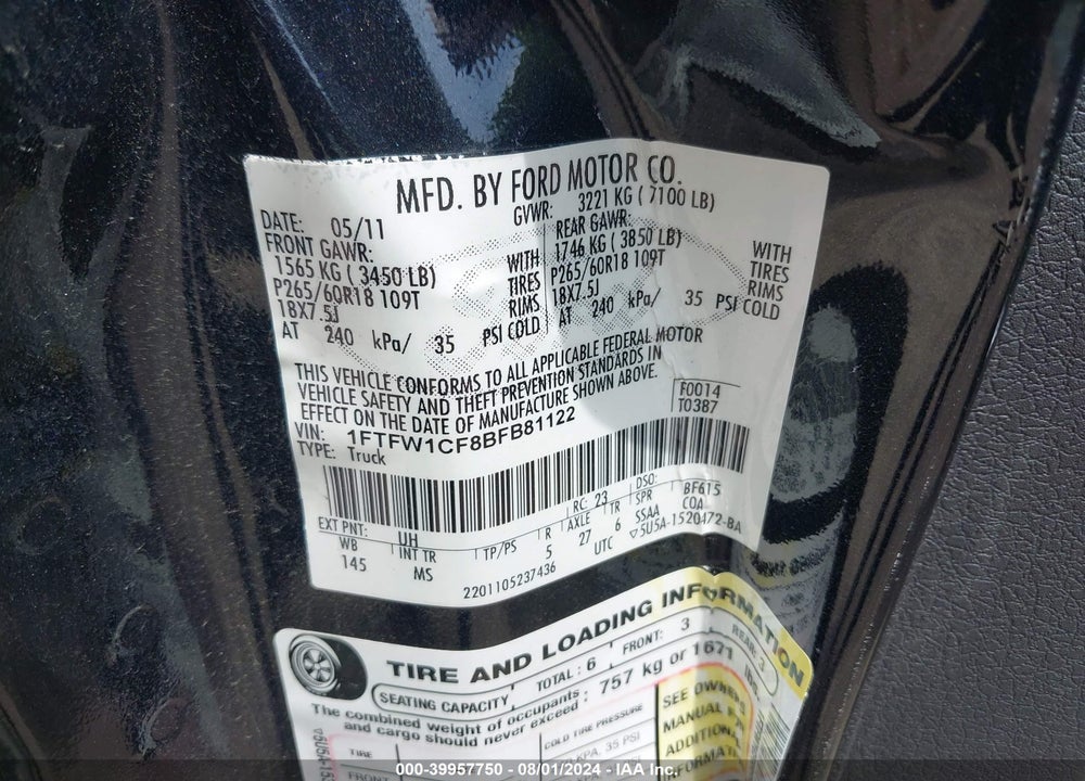 2011 FORD F-150 XLT VIN: 1FTFW1CF8BFB81122