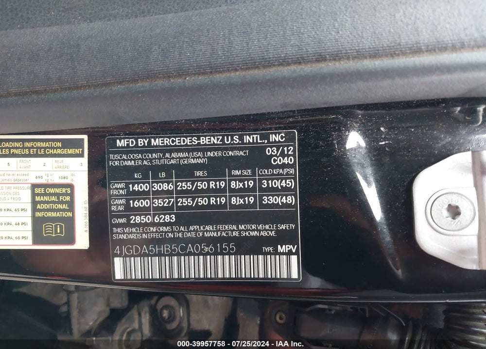 2012 MERCEDES-BENZ ML 350 4MATIC VIN: 4JGDA5HB5CA056155