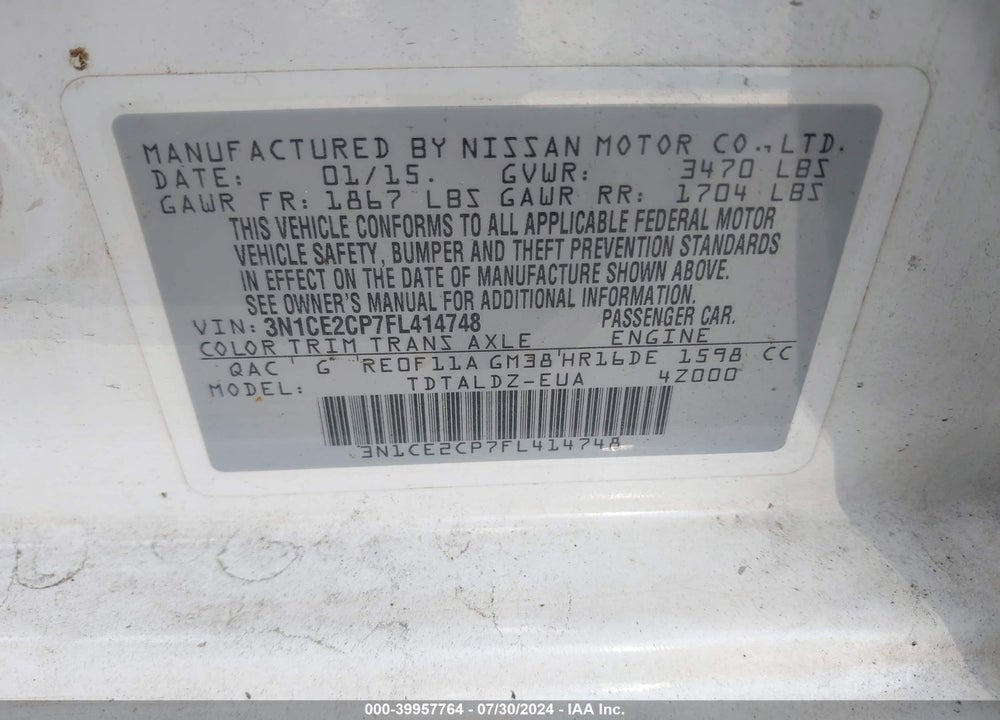 2015 NISSAN VERSA NOTE S (SR)/S PLUS/SL/SR/SV VIN: 3N1CE2CP7FL414748